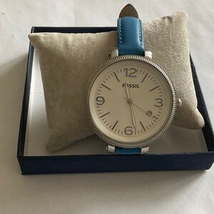 Fossil Silver Watch with Teal Blue Leather Strap